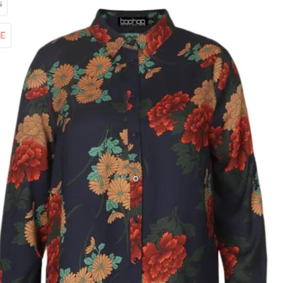 Boohoo Shirt Dress 14 Long Sleeve Floral Artsy Unique Collared Button Front - Picture 2 of 14